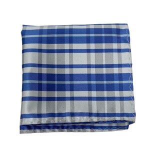 Men’s Suit Pocket Square 100% Polyester Blue and Grey Plaid Pattern.